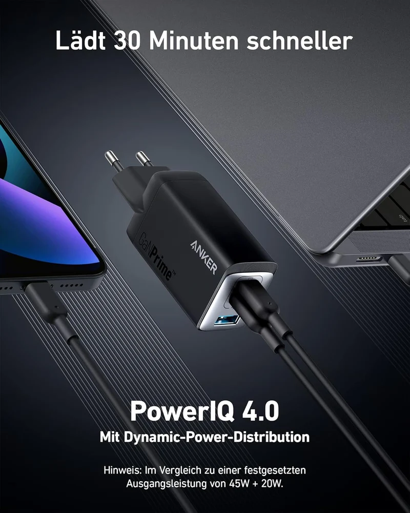 Anker USB-C-Ladegerät, 735 (GaNPrime 65 W), schnelles und kompaktes 3-Port für MacBook Pro/Air, iPad