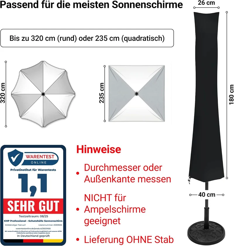 KHP Professional Premium Schutzhülle für Sonnenschirm aus extra stabilem Stoff in 5 Längen | Extrem