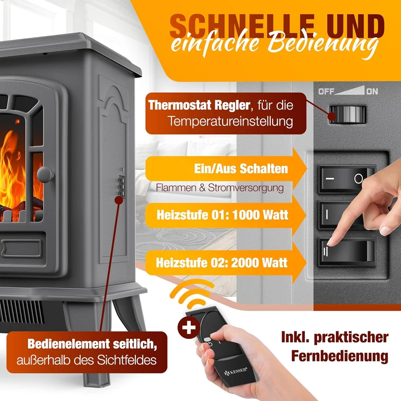 KESSER® Elektrokamin mit Heizlüfter & Fernbedienung 2000W Elektro Kamin Elektrischer Heizung LED Kam