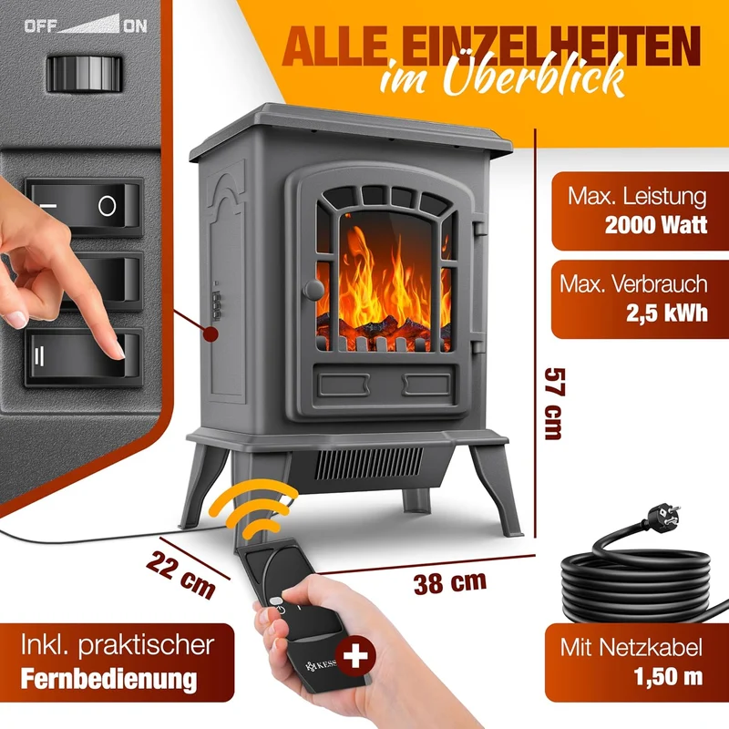 KESSER® Elektrokamin mit Heizlüfter & Fernbedienung 2000W Elektro Kamin Elektrischer Heizung LED Kam