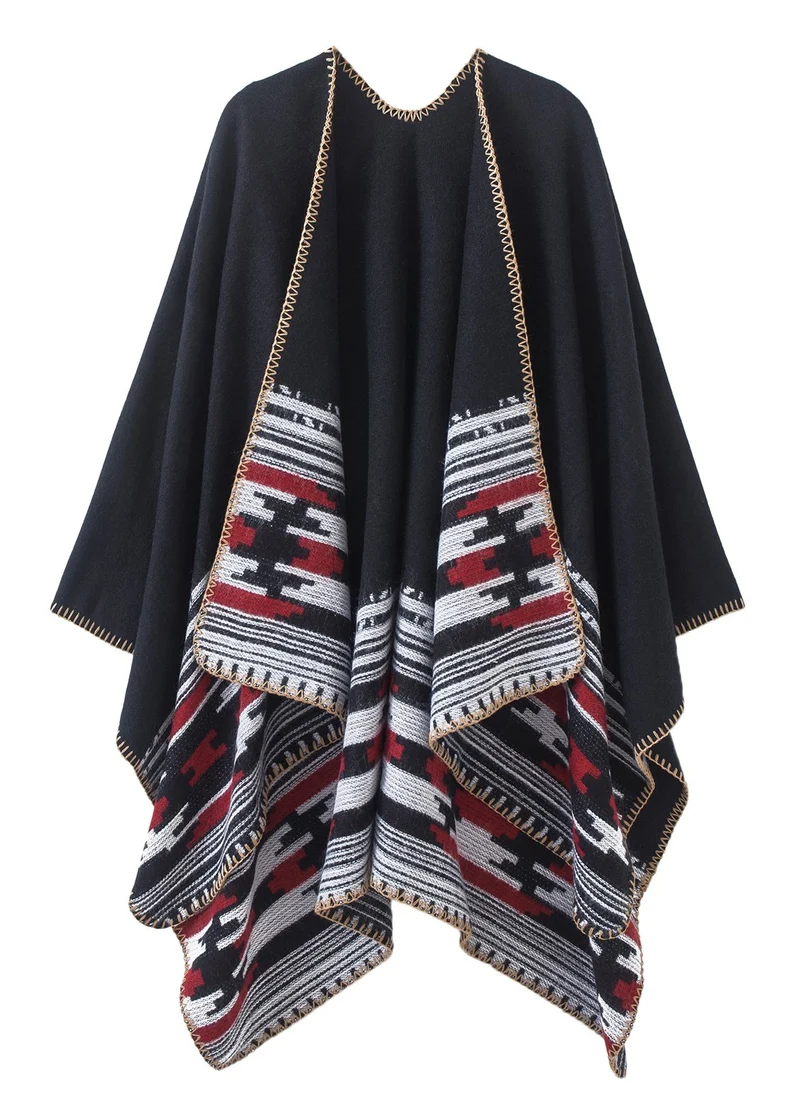 Damen Vintage Farbblocking Schal Wrap Open Front Poncho Übergrosse Winterdecke Elegant Cape Coat Ein