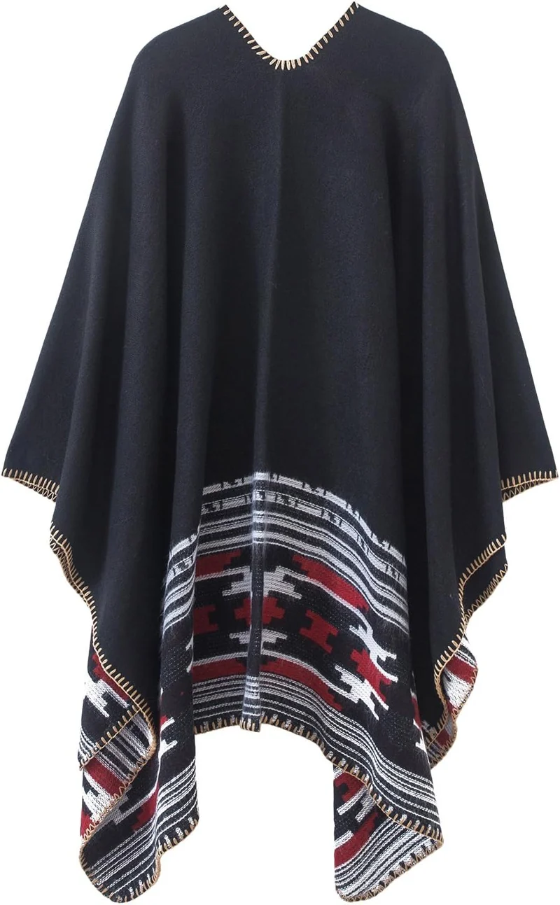 Damen Vintage Farbblocking Schal Wrap Open Front Poncho Übergrosse Winterdecke Elegant Cape Coat Ein