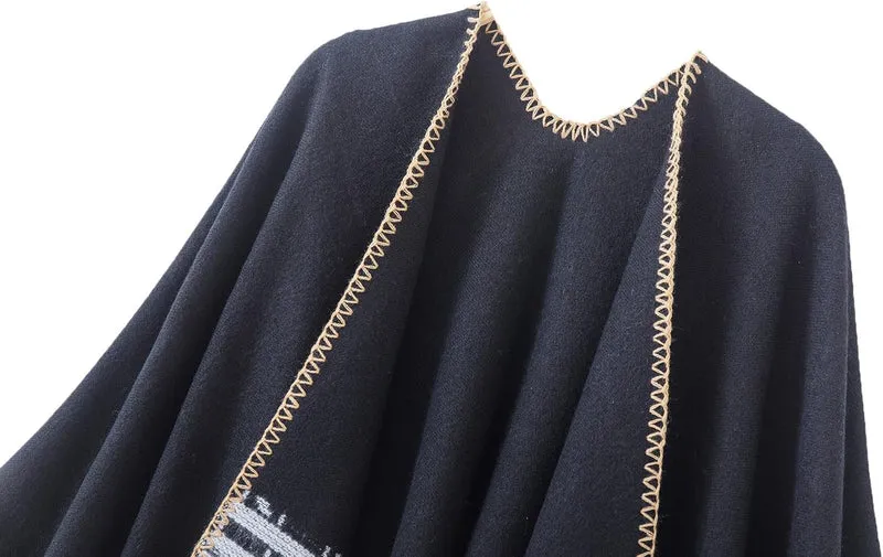 Damen Vintage Farbblocking Schal Wrap Open Front Poncho Übergrosse Winterdecke Elegant Cape Coat Ein