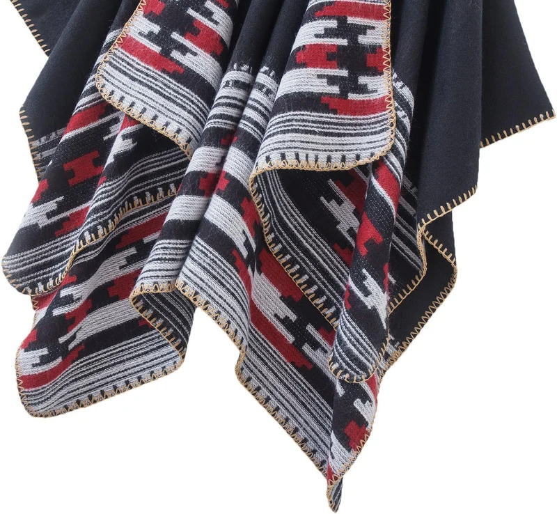 Damen Vintage Farbblocking Schal Wrap Open Front Poncho Übergrosse Winterdecke Elegant Cape Coat Ein