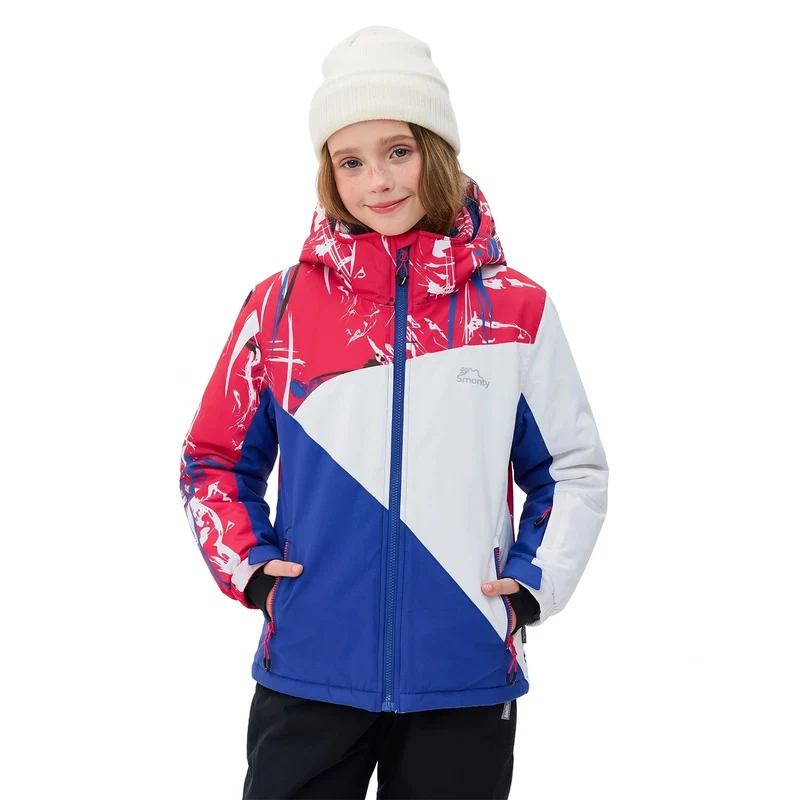 SMONTY Mädchen Skijacke, wasserdicht, warm, mit Kapuze, Schnee-Wintermantel für Kinder 128-134 Blau,