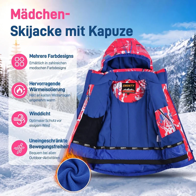 SMONTY Mädchen Skijacke, wasserdicht, warm, mit Kapuze, Schnee-Wintermantel für Kinder 128-134 Blau,