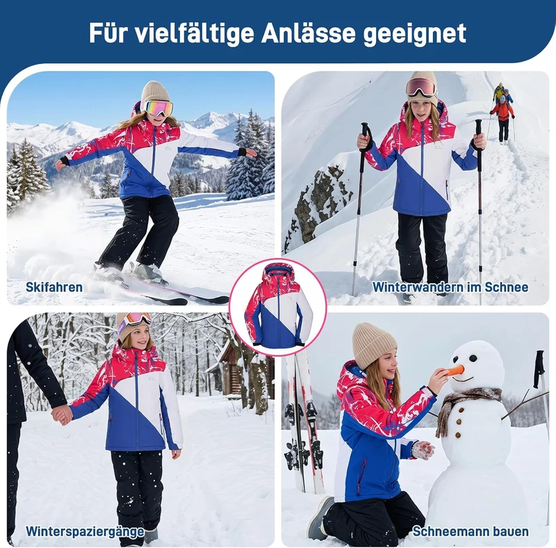 SMONTY Mädchen Skijacke, wasserdicht, warm, mit Kapuze, Schnee-Wintermantel für Kinder 128-134 Blau,
