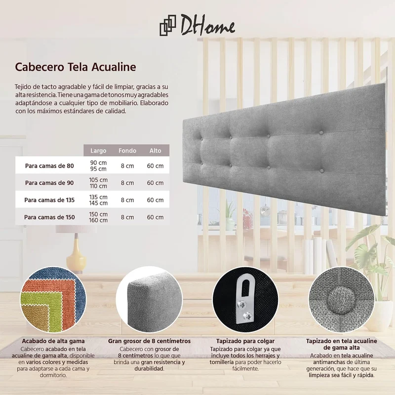 DHOME Kopfteil, gepolstertes Bett Kopfteil 8cm dick. Gepolstertes Kopfteil ACUALINE Stoff und Kunstl