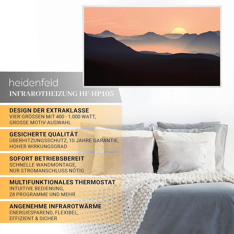 Heidenfeld Infrarotheizung HF-HP105 | 𝟭𝟬 𝐉𝐀𝐇𝐑𝐄 𝐆𝐀𝐑𝐀𝐍𝐓𝐈𝐄 - 1000 Watt - Bis 25 m² - Infrarot Heizkörpe