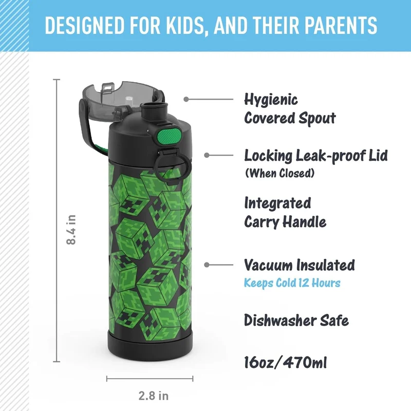 THERMOS Funtainer Edelstahl-Vakuum-Isolierflasche mit breitem Auslaufdeckel, 473 ml, Minecraft Minec