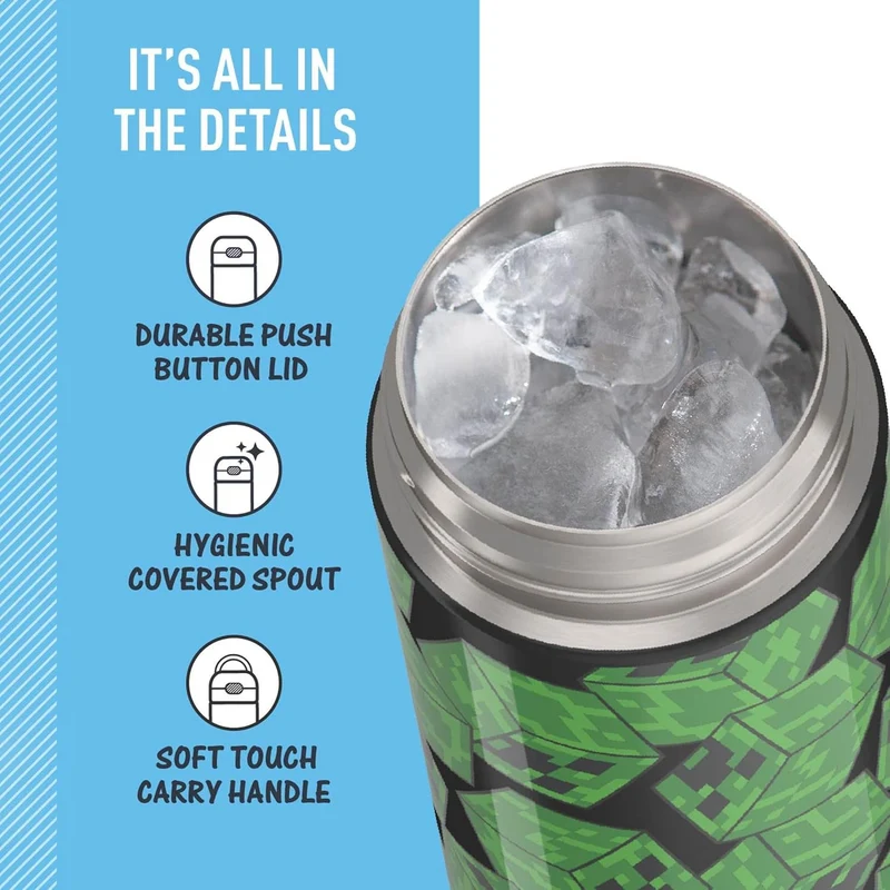 THERMOS Funtainer Edelstahl-Vakuum-Isolierflasche mit breitem Auslaufdeckel, 473 ml, Minecraft Minec