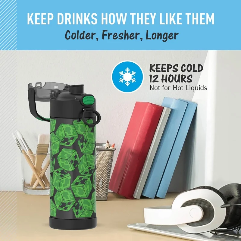 THERMOS Funtainer Edelstahl-Vakuum-Isolierflasche mit breitem Auslaufdeckel, 473 ml, Minecraft Minec