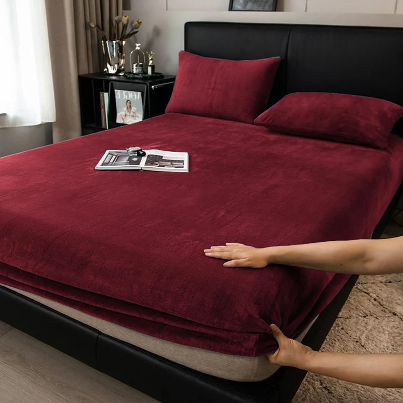 Boqingzhu Flauschige Plüsch Spannbettlaken 90x200cm Rot Weinrot Fleece Flanell Cashmere Touch Spannb