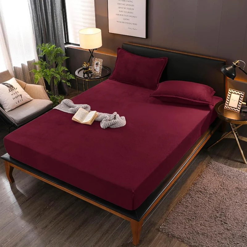 Boqingzhu Flauschige Plüsch Spannbettlaken 90x200cm Rot Weinrot Fleece Flanell Cashmere Touch Spannb
