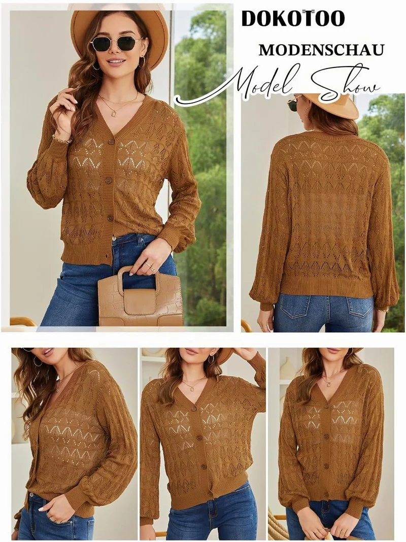 Dokotoo Damen Strickjacke V-Ausschnitt Kurzer Cardigan Elegant Langarm Leichter Strickpullover mit K