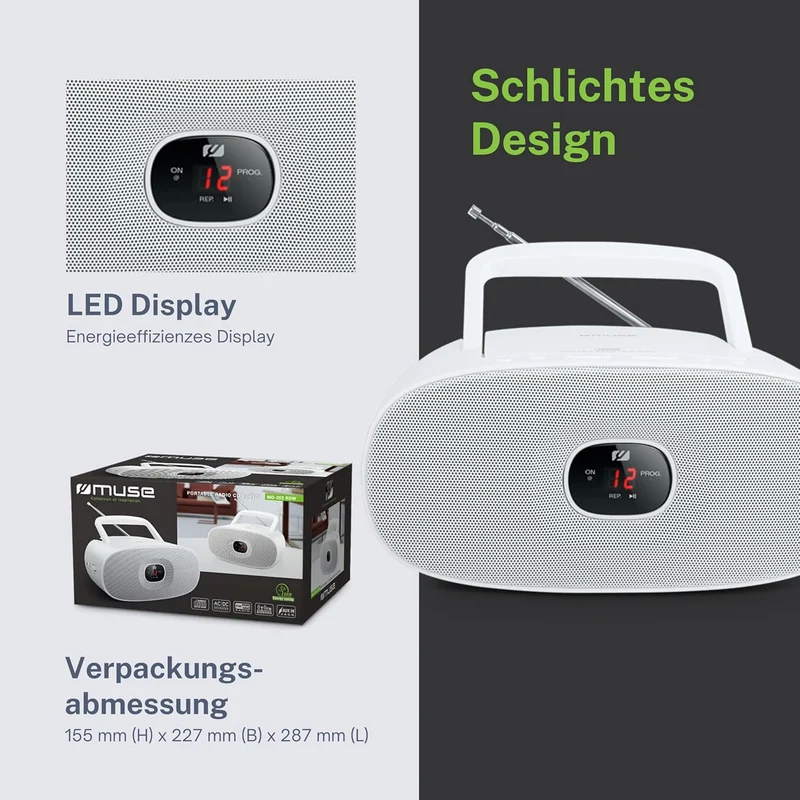 Muse MD-202 RDW Stereo UKW-Radio mit CD-Player (LED Display, Repeat, AUX-In, Teleskopantenne) weiss,