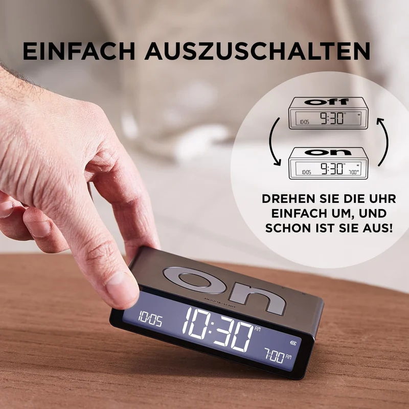 Lexon Flip Classic Digitaler Wecker mit umkehrbaren EIN/Aus-Seiten, wiederaufladbare Nachttischuhr m