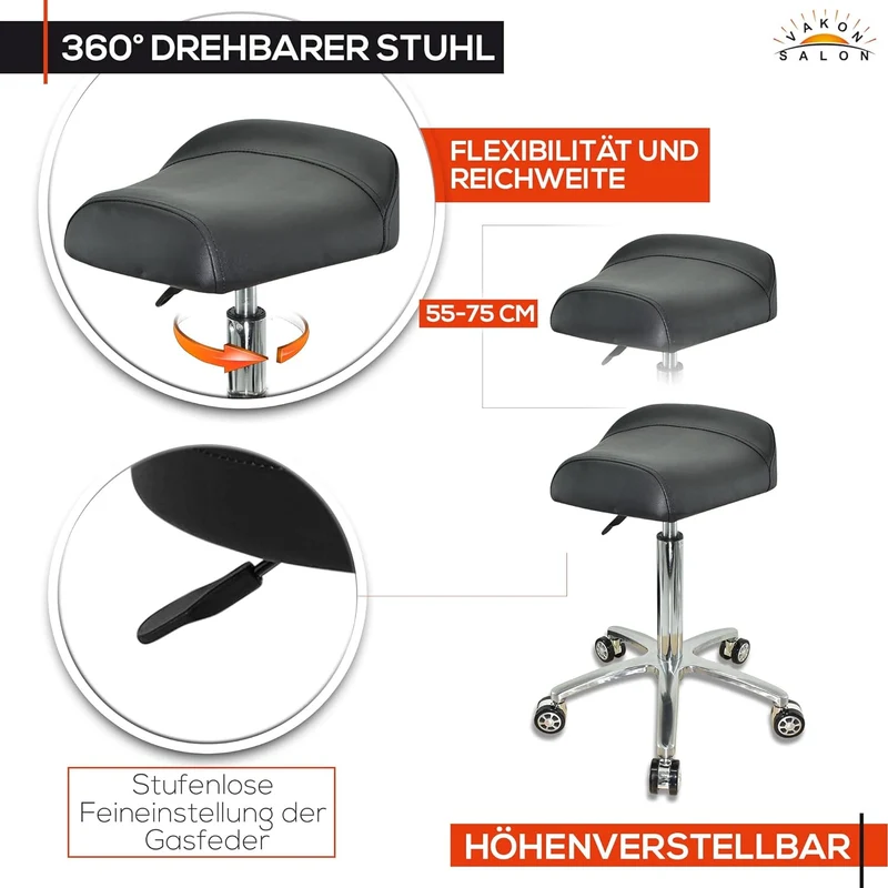 VAKON SALON - Breitsitz Arbeitshocker auf Rollen, höhenverstellbar von 55-75 cm - Drehhocker, Rollho