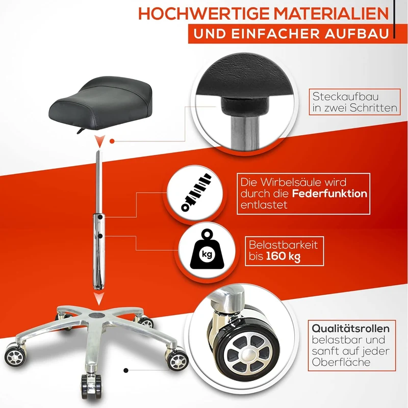 VAKON SALON - Breitsitz Arbeitshocker auf Rollen, höhenverstellbar von 55-75 cm - Drehhocker, Rollho