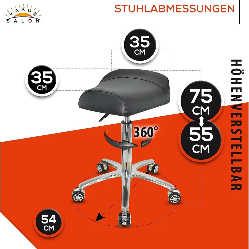 VAKON SALON - Breitsitz Arbeitshocker auf Rollen, höhenverstellbar von 55-75 cm - Drehhocker, Rollho