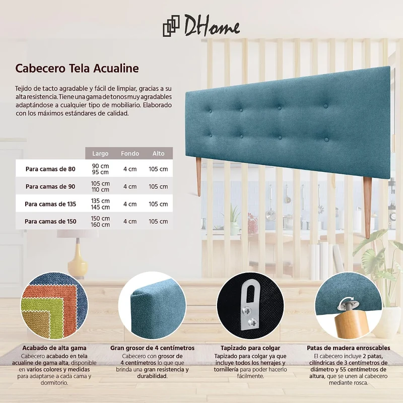 DHOME Kunstleder oder Stoff Kopfteil AQUALINE Pro mit 2 Reihen von Knöpfen gepolstertes Kopfteil Lux