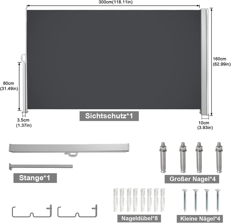 Ansobea Seitenmarkise,Sonnenschutz Markise Grau,160 x 300 cm Sichtschutz für Balkon, Garten, Terrass