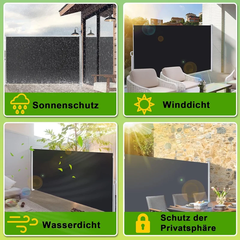 Ansobea Seitenmarkise,Sonnenschutz Markise Grau,160 x 300 cm Sichtschutz für Balkon, Garten, Terrass