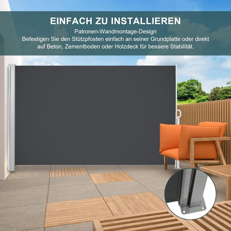 Ansobea Seitenmarkise,Sonnenschutz Markise Grau,160 x 300 cm Sichtschutz für Balkon, Garten, Terrass