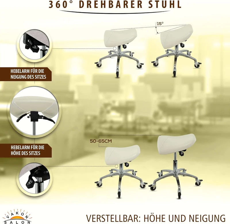 VAKON SALON - Sattelhocker mit Neigung Weiss, Sattelstuhl, Rollhocker höhenverstellbar von 50-65 cm,
