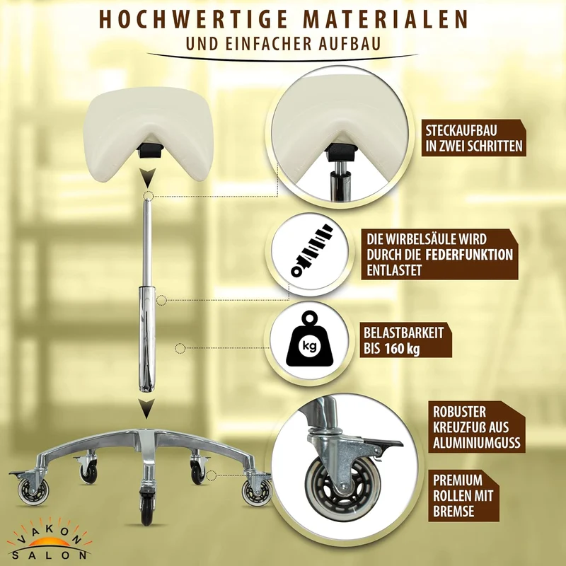 VAKON SALON - Sattelhocker mit Neigung Weiss, Sattelstuhl, Rollhocker höhenverstellbar von 50-65 cm,