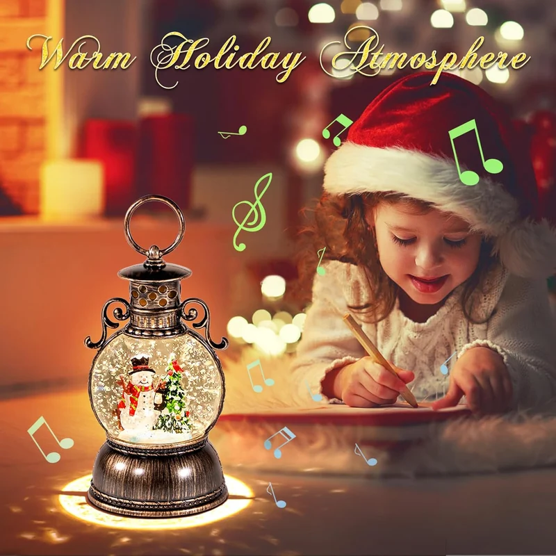 Weihnachts-Schneekugeln, Laterne, Musik, 6H Timer, Zylinder, Glitzer, Schneekugel, Bronze, mit Spiel