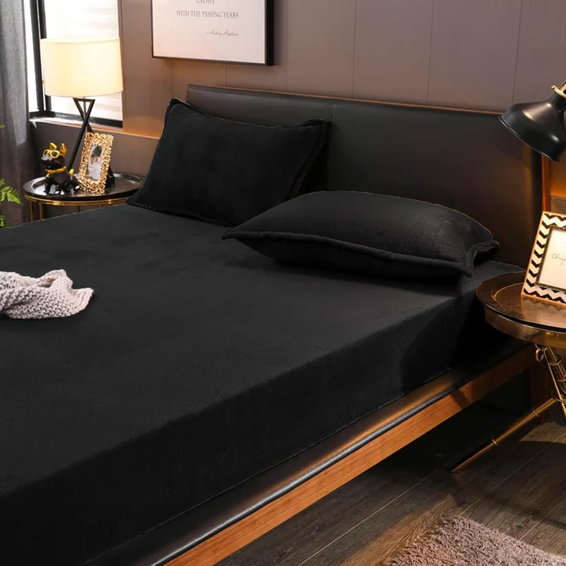 Boqingzhu Flauschige Plüsch Spannbettlaken 90x200cm Schwarz Fleece Flanell Cashmere Touch Spannbettt