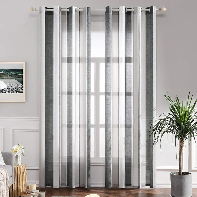 MIULEE Gardinen Gestreift Transparent mit Ösen, Voile Vorhänge Wohnzimmer Modern 2er Set, Vorhang Sc