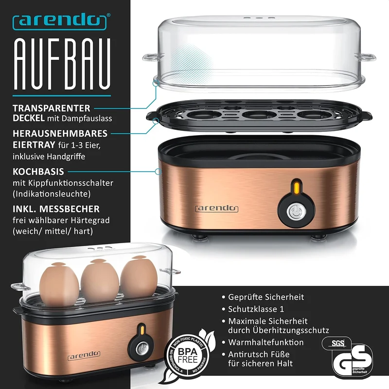 Arendo - Wasserkocher ELEGANT und Eierkocher THREECOOK im Set Edelstahl Kupfer – Wasserkocher 1,5L,