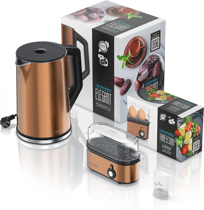 Arendo - Wasserkocher ELEGANT und Eierkocher THREECOOK im Set Edelstahl Kupfer – Wasserkocher 1,5L,