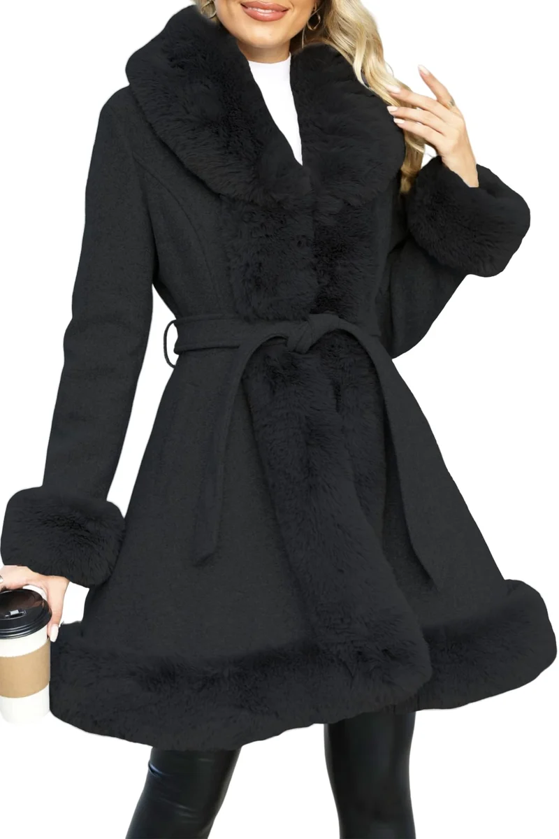 Giolshon Langer Damen Oberbekleidung aus Kunstleder und Wollimitat mit Gürtel Fleece Kleid Warmer Wi