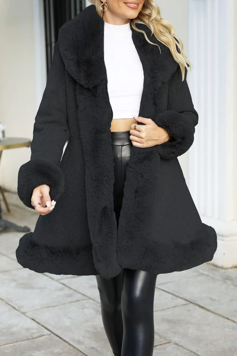 Giolshon Langer Damen Oberbekleidung aus Kunstleder und Wollimitat mit Gürtel Fleece Kleid Warmer Wi