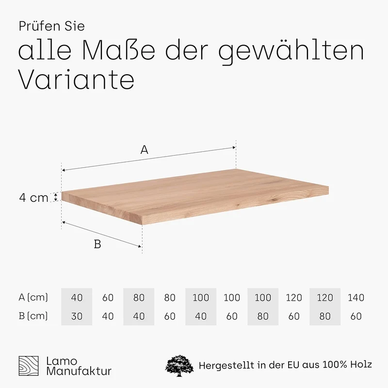 LAMO Manufaktur Holzplatte für Wohnzimmertisch Küchentisch Kücheninsel, Tischplatte Massivholz 100x6