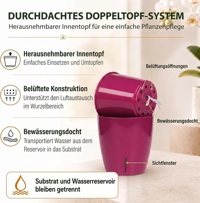 Santino 6er-Set Selbstbewässernder Topf mit Dochtsystem und Wasserstandsanzeige für den Innenbereich