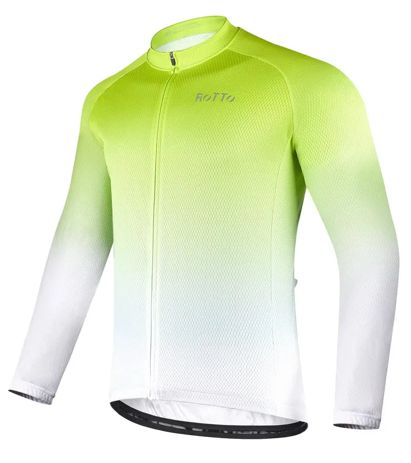 ROTTO Herren Radtrikot Fahrradtrikot Langarm Rennrad Trikot Farbverlauf Reihe S D1 Leuchtendes Grün-