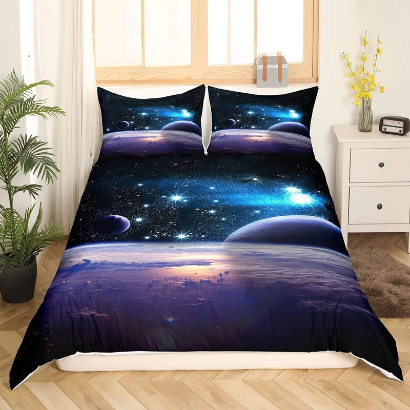 Loussiesd Kinder Bettwäsche Galaxy Sterne 135x200 cm + 80x80 cm 3D Print Betten Set Weltraum -Motiv