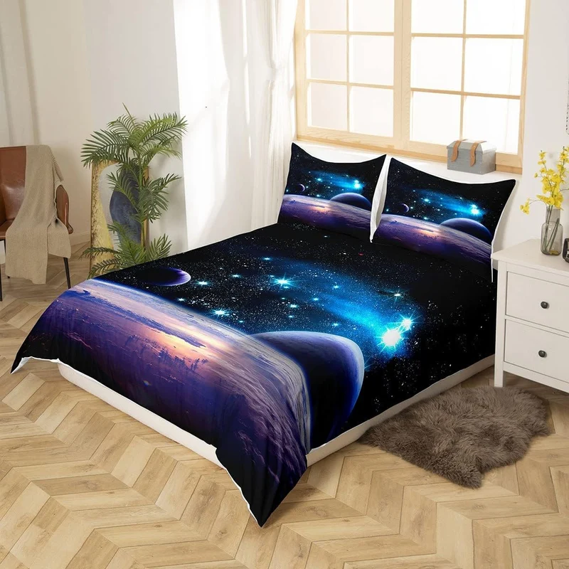Loussiesd Kinder Bettwäsche Galaxy Sterne 135x200 cm + 80x80 cm 3D Print Betten Set Weltraum -Motiv