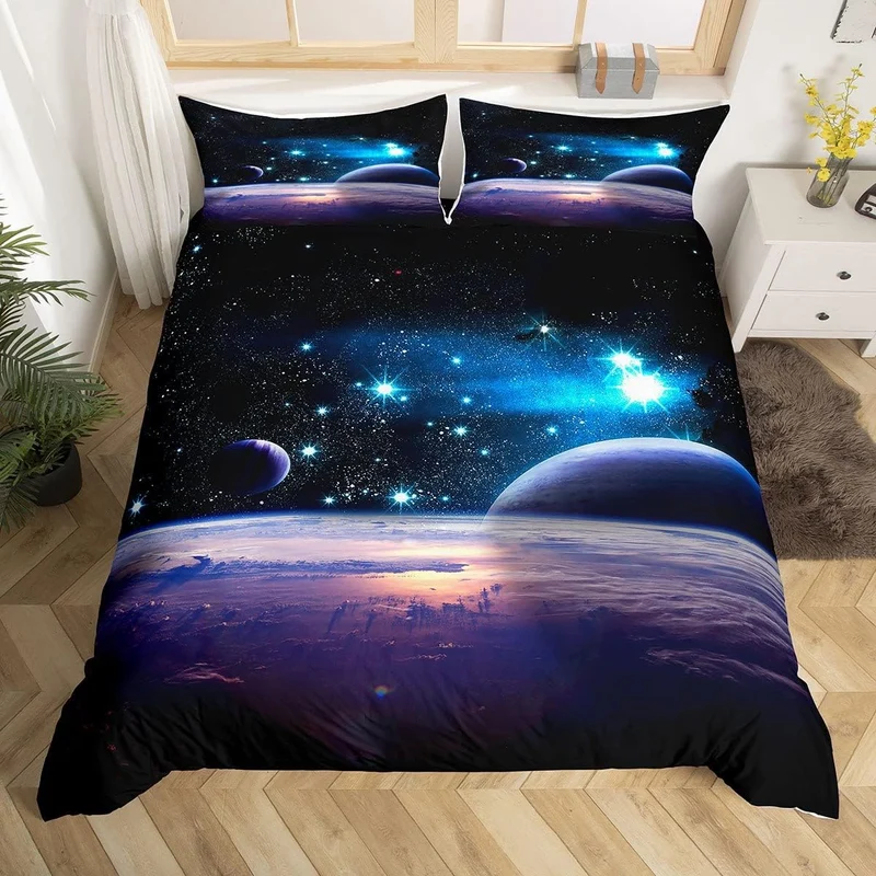 Loussiesd Kinder Bettwäsche Galaxy Sterne 135x200 cm + 80x80 cm 3D Print Betten Set Weltraum -Motiv