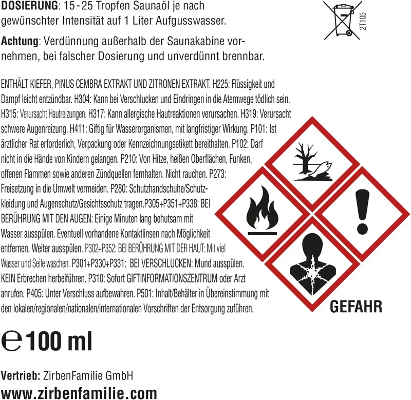 Zirben Familie® Saunaaufguss Zirbe & Zitrone 100ml | Saunaöl aus Zirbelkiefer | Sauna Aufgussmittel