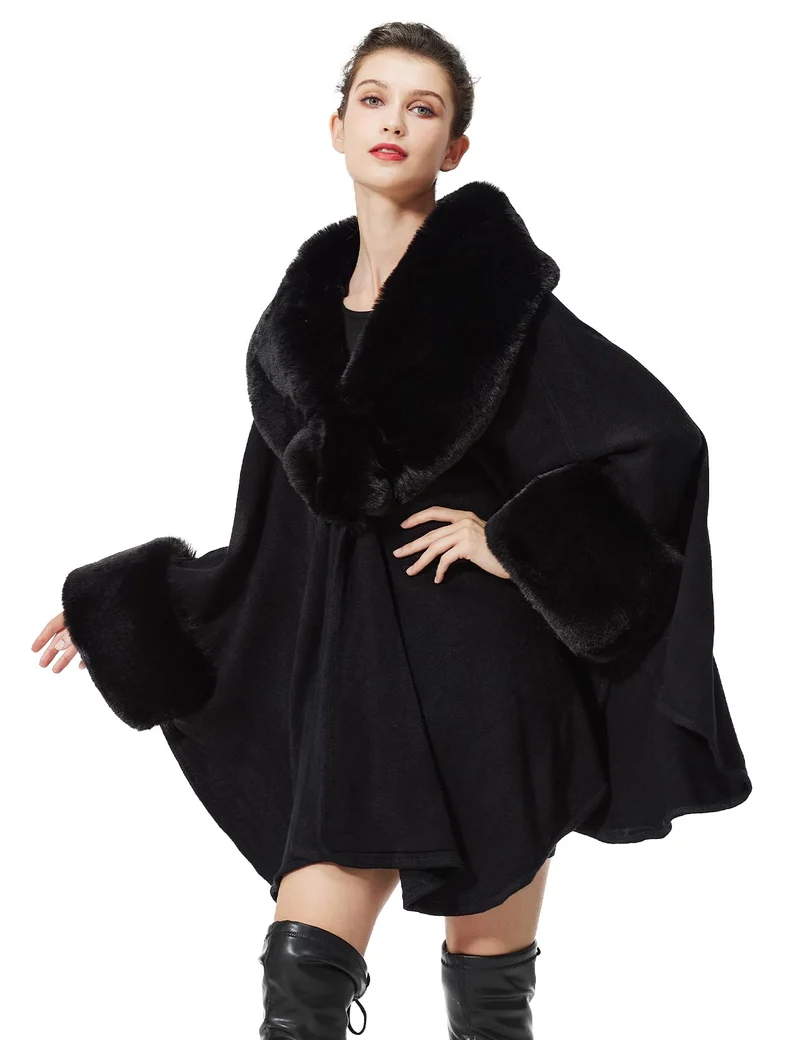 BEAUTELICATE Kunstpelz Poncho Stola Damen Umhang Cape Herbst Strickjacke Winter Mantel Mit Kunstfell