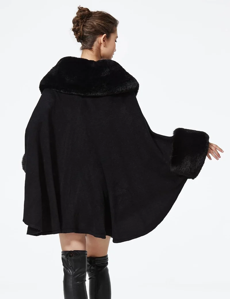 BEAUTELICATE Kunstpelz Poncho Stola Damen Umhang Cape Herbst Strickjacke Winter Mantel Mit Kunstfell