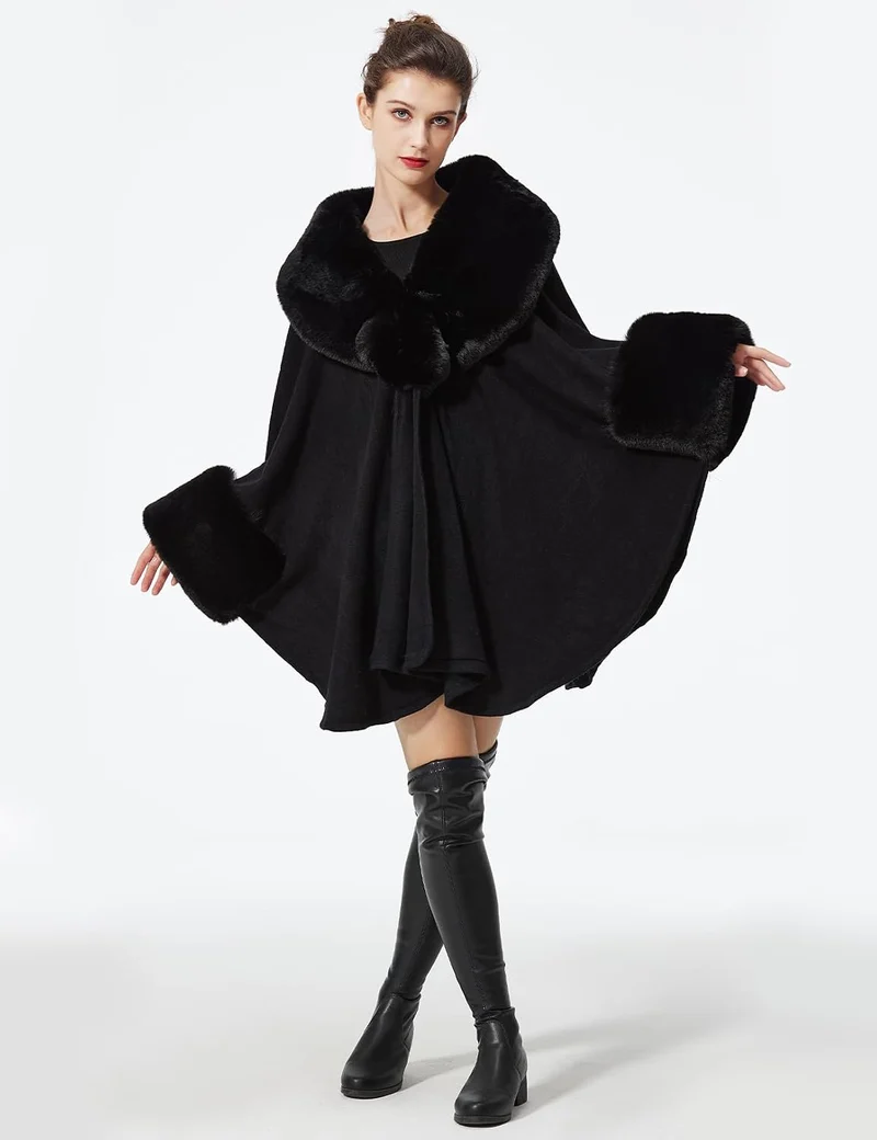 BEAUTELICATE Kunstpelz Poncho Stola Damen Umhang Cape Herbst Strickjacke Winter Mantel Mit Kunstfell