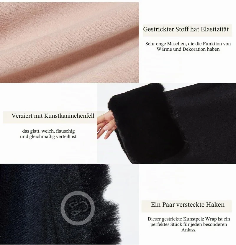 BEAUTELICATE Kunstpelz Poncho Stola Damen Umhang Cape Herbst Strickjacke Winter Mantel Mit Kunstfell