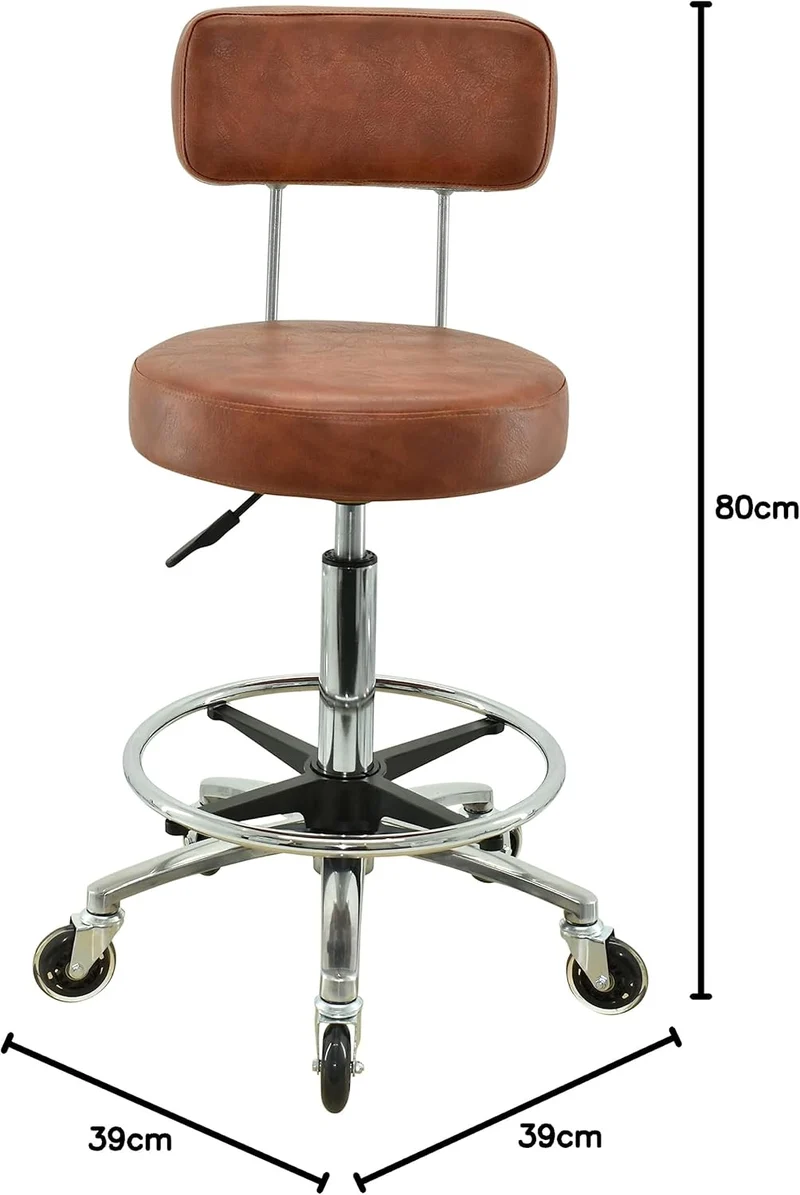 VAKON SALON - Premium Rollhocker in Hellbraun mit Lehne und Fussring - Höhenverstellbar 55-75 cm - R