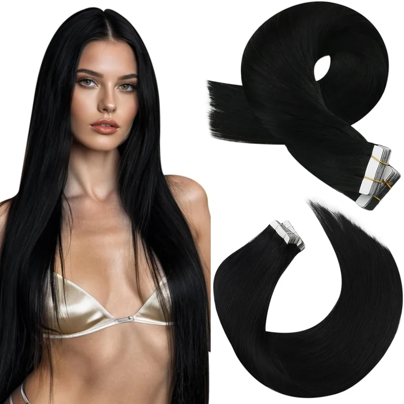 Moresoo Tape in Extensions Echthaar Schwarz Remy Echthaar Tape Haarextension Schwarz #1 Doppelseitig